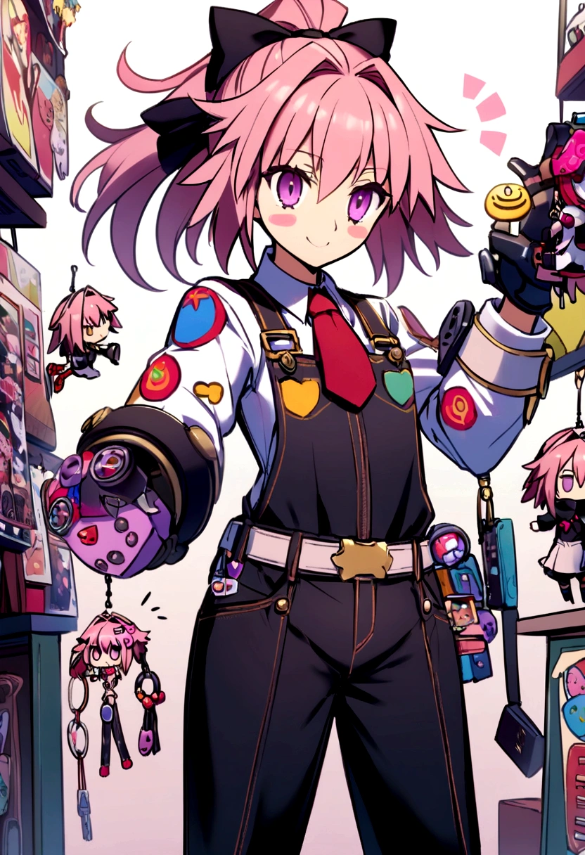 (((Fate Grand Order))) Astolfo has a slender build with striking pink hair that he often keeps tied back in a ponytail. He wears a standard-issue engineer uniform modified with a few personal touches, such as colorful patches and pins. His eyes are a captivating shade of purple, and his overall appearance exudes an air of both professionalism and playful mischief. Astolfo carries a customized toolkit adorned with stickers and a keychain shaped like a tiny animatronic head.