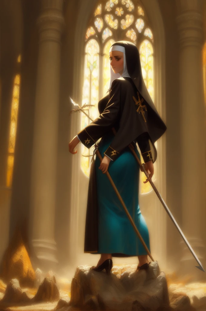 Generate a art of a nun fighter, blue nun attire,Beautiful blonde hair, majestic face, beautiful skin, green eyes, with white wings behind her back, standing behind a cathedral, holding a spear.