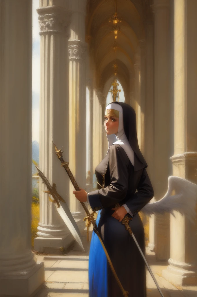 Generate a art of a nun fighter, blue nun attire,Beautiful blonde hair, majestic face, beautiful skin, green eyes, with white wings behind her back, standing behind a cathedral, holding a spear.