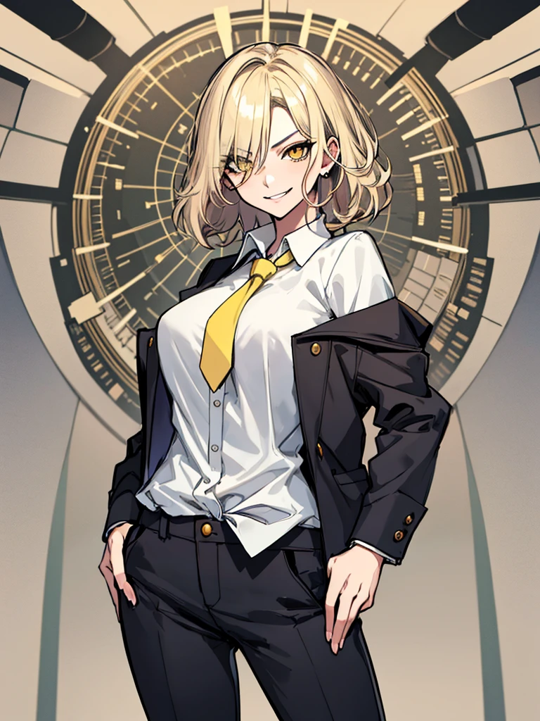 (masterpiece), best quality, expressive eyes, highres, perfect eyes, perfect face, perfect hands, 1girl, platinum blonde, messy hair, medium hair, yellow eyes, smirk, evil, Hair over eye, America, Large Bust, muscular, top down, staring at viewer, standing, dominant, office background, Shirt, Tie, Pants, perfect anatomy, half body, cowboy shot,