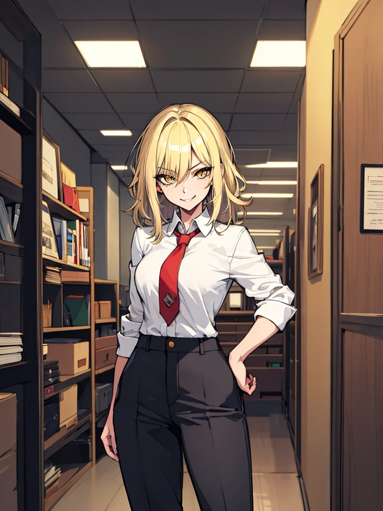 (masterpiece), best quality, expressive eyes, highres, perfect eyes, perfect face, perfect hands, 1girl, platinum blonde, messy hair, medium hair, yellow eyes, smirk, evil, Hair over eye, America, Large Bust, muscular, top down, staring at viewer, standing, dominant,  office background, Shirt, Tie, Pants, perfect anatomy, half body, cowboy shot, 
