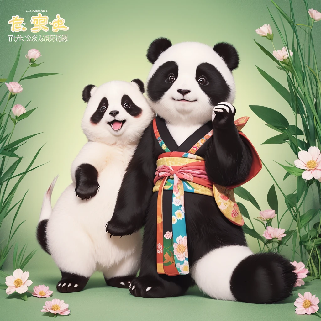 Create a cute and original "yuru-chara" mascot character. The character should be a small, round panda with big, sparkling eyes and a gentle smile. The panda is wearing a tiny, colorful kimono with floral patterns. Its ears and cheeks are slightly rosy, giving it an adorable and friendly appearance. The panda has a small bamboo shoot in one paw. The overall theme is traditional Japanese, and the character exudes a warm, welcoming personality. The background should be simple, focusing on the panda.