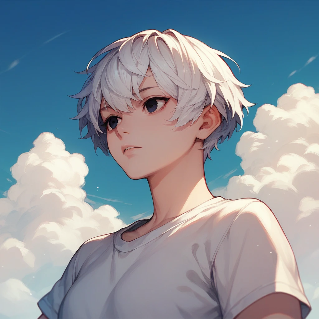 White color hair,short detailed hair,Black eyes, cut eyes,white short sleeve,the sky background,with blue sky and white clouds