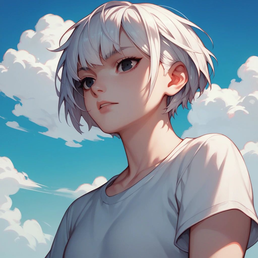 White color hair,short detailed hair,Black eyes, cut eyes,white short sleeve,the sky background,with blue sky and white clouds