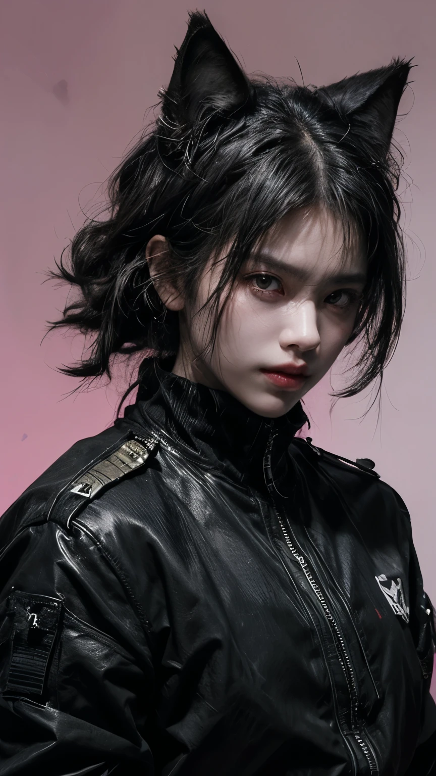 Photorealistic, style of Yoji Shinkawa, lower view, portrait of a Wolf humanoid warrior with the swagger of a rapper, clad in urban streetwear and ak47 gun, dynamic view. pink background