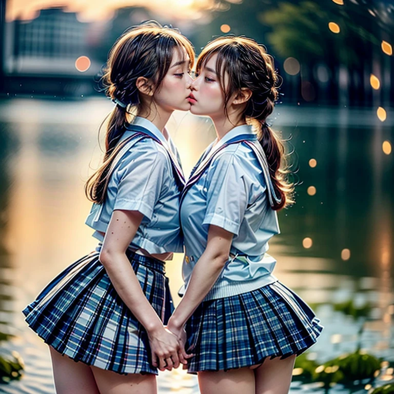 SFW, ((David Hamilton:1.37, White and vivid colors))、Extremely Detailed (Tiny Oppai-Loli Twins:1.37)、{(Dynamic-angle)|(from side)|(from back)|((from below:1.2))}、{(((Kissing face to face:1.41) Against the Nipples to Nipples Pressing hard))| (Standing Full Body:1.2) | ZoomedOut }、{(Floating hair with Strong wind)|(Ass focus)|French Braid|bun}、8K best quality、((Masterpiece:1.2、Photo-realistic:1.4)), { kodachrome | realistic | photorealistic | RAW }  BREAK 
 ((Detailed KAWAII Face、Detailed Radiant PearlSkin) with Transparency)、Smooth shading、(SoftFocus BokeH)、Soft Lighting、((school uniform with white Thongs))、{Flowers|Flower wreath|smile|Joyful|Pleasuring|Different types of hair colors}、{(Light Particles:1.2)|(Lens Flare)|(Luminescent Particles:0.6)}、{(((Just a heads above the Lake))) |Sparkling Lake surface|Splashing water|Before dawn|magic hour|morning glow|foggy|Haze|Colored Horizon}、{ThighGap | Whole Body proportions and all limbs are anatomically accurate | PUNIPUNI } .