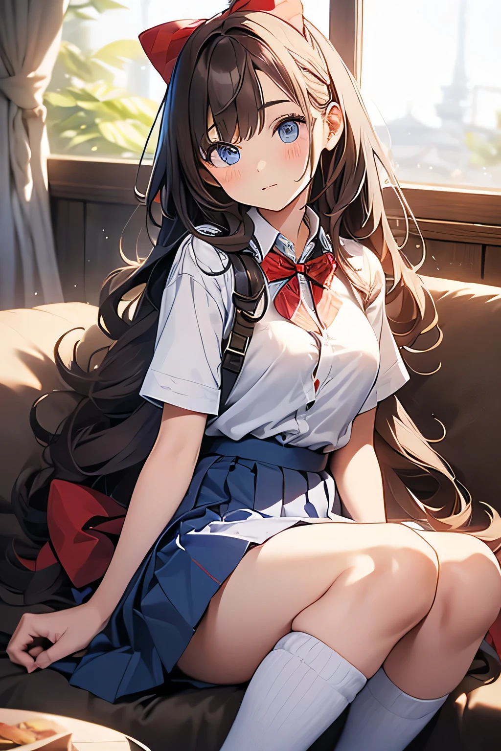 One girl, blue eyes, long brown hair, white short sleeve blouse , pleated checkered skirt in blue and red tones to the knee, navy blue jacket, white knee high socks, big red Japanese style bow tied on the neck of the blouse, White shirt