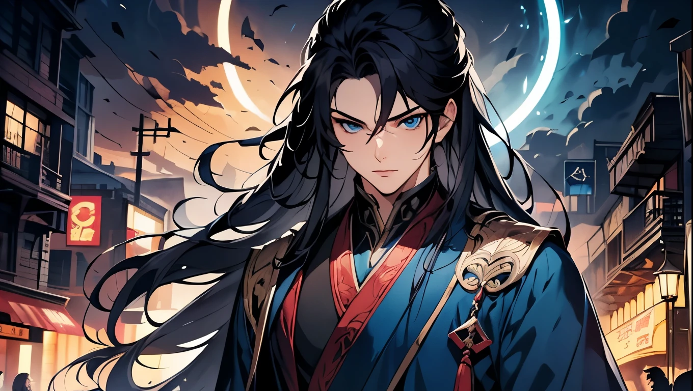 A man alone,There is a halo behind it,sacred,Correct proportions,Facial details,swordsman,Blue robe,Clothing details,transfer,Long sleeve,Game quality,fencing,Ray Tracing,Ray Tracing,Delicate glow,CG Rendering,Hair details,Black long hair,blue eyes,Handsome,Handsome,(The feeling of youth),The costumes are complicated,Perfect composition,Refinement,high quality,More details,Lots of details,Complex background,Sense of atmosphere,