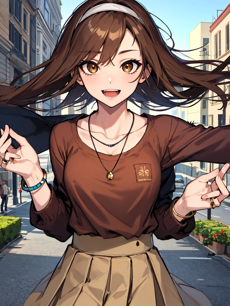 (masterpiece), best quality, expressive eyes, highres, perfect eyes, perfect face, perfect hands, 1girl, genie, zodiac, shirt over 1 shoulder, Brown shirt, long sleeves, necklace, long Brown hair, city background, headband, Brown eyes, Brown skirt, medium bust, rings, bracelets, charismatic, crazy face, crazy eyes, crazy smile, perfect anatomy, half body, cowboy shot, 