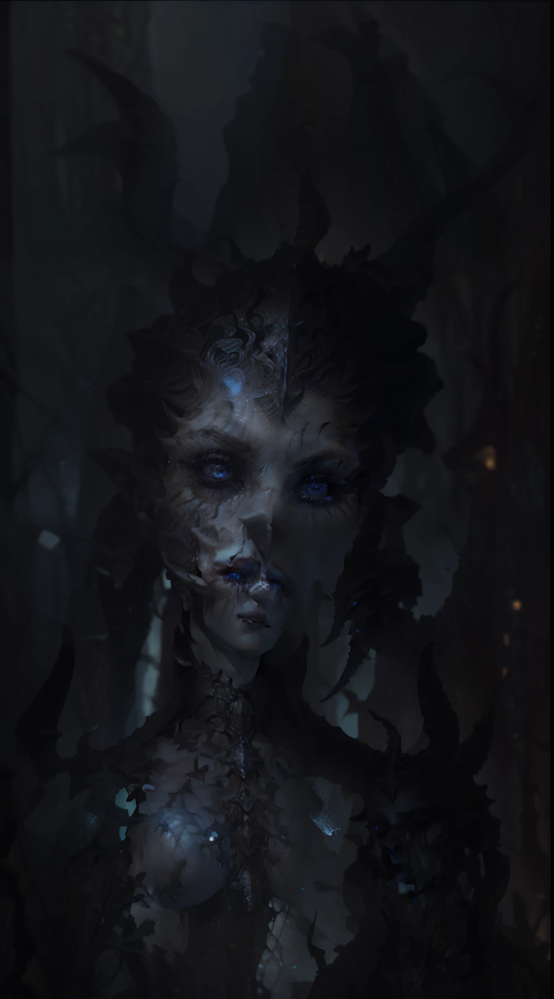 unreal engine:1.4,uhd,The best quality:1.4, fotorRealist:1.4, skin texture:1.4, masterpiece:1.8,(((beautiful woman Aesthetic horror,blue fire, portrait,beautiful detailed eyes,beautiful detailed lips,long eyeslashes,Dark shadows,deep look,macabre beauty,grotesque elegance))),(dynamic pose:1.0),ashamed,(centered,scale to fit dimensions,rule of thirds) surreal landscape,Nightmare visions,Psychological torment,Madness and beauty,Horror sublime,Obsidian Abyss,Forbidden secrets,Cryptic whispers,Hallucinatory dreams,blue background,(The best quality,4K,8K,High Resolutions,masterpiece:1.2),ultra detailed,(realist,fotorRealist,fotorRealist:1.37), looking at the camera