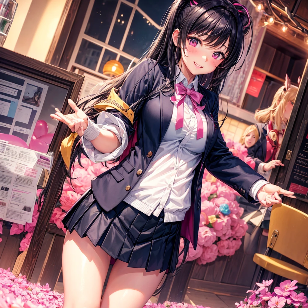 best quality,8K,smile,blazer,ribbon on uniform,mini skirt,high school girl,multiple girls are depicted,harem,idol group,photo shoot,long hair,wearing a cardigan,highest quality,big breasts,happy girl,horny girl,pink eyes,perfect face,standing position,I have my hands in my pockets,letting down one's Bangs,beautiful eyes,gym,girls hugging each other,smooth hair,multicolored hair colors,naughty girl,beautiful girl,beautiful girl,loose socks,Future Fashion,Clothing of the future,Uniform of the Future