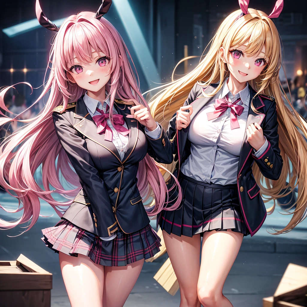 best quality,8K,smile,blazer,ribbon on uniform,mini skirt,high school girl,multiple girls are depicted,harem,idol group,photo shoot,long hair,wearing a cardigan,highest quality,big breasts,happy girl,horny girl,pink eyes,perfect face,standing position,I have my hands in my pockets,letting down one's Bangs,beautiful eyes,gym,girls hugging each other,smooth hair,multicolored hair colors,naughty girl,beautiful girl,beautiful girl,loose socks,Future Fashion,Clothing of the future,Uniform of the Future