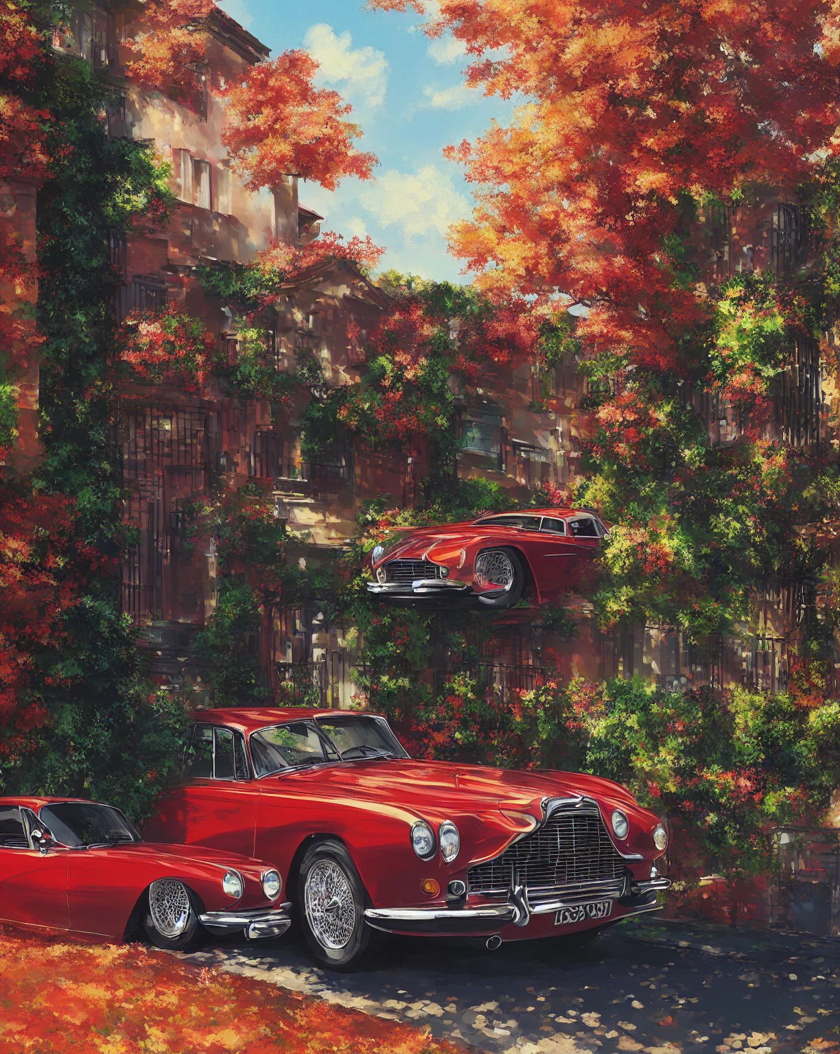 there is a red car parked in front of a large house, vintage aston martin, highly detailed hyper real retro, hyperrealistic fall, 4k highly detailed digital art, 8k stunning artwork, detailed painting 4 k, hd art, inspired by Art Frahm, in the art style of filip hodas, highly detailed digital painting, aston martin