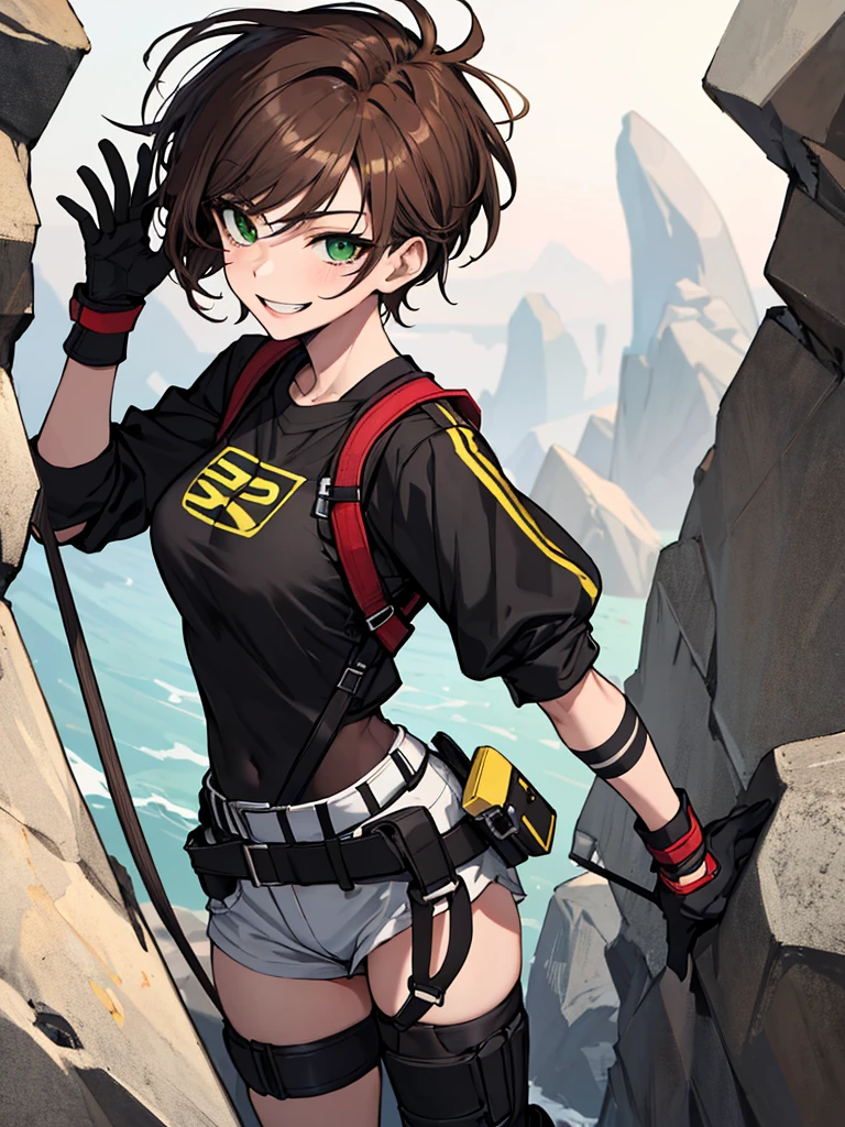 (absurdres, 8k, 4k, masterpiece, hyper extreme detailed:1.2), solo, 1girl, side view, perfect face, 1girl, portrait, looking at viewer, solo, standing, Female, toned body, mature female, medium breasts, pale, auburn hair, messy hair, enthusiastic, fun, tomboy, green eyes, swept bangs, streetwear, smirk, medium body, tomboy, crazy face, crazy smile, crazy eyes, wind, windy hair, moving hair, bandages, gauze, reckless, short hair, adventurous, loose clothes, baggy clothes, confident, gloves, goggles, fearless, expressive, rock climbing, ropes, rocks, cliff, tethers, helmet, knee pads, gloves, climbing, athletic, rugged, dirty, perfect anatomy, half body, cowboy shot,
