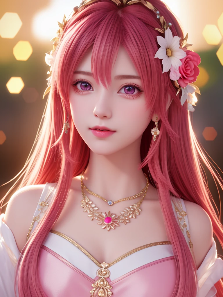 best quality, masterpiece, High target, There is a girl with a basket of flowers on her head, beautiful clothes, Hair Decorationss, necklace, Decorations, Pretty Face, When the body, Tyndall effect, Realistic Portraits, Edge lighting, Two-color light, (Very delicate skin:1.2), 8K uhd, Digital SLR Camera, Soft Light, high quality, Volumetric Lighting, Honest, photo, high resolution, 4K, 8K, Bokeh,Fuchsia hair，Orange hair tips, Pink Eyes.
