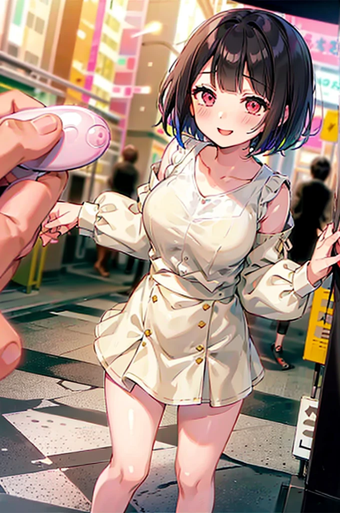 4K，One Girl, MS. end，thin，Very short stature，Very thin thighs，Blunt bangs，Short dress shirt, Half sleeves，Red Suspender Mini Skirt，blush, smile, Bobcut, Black Hair，Vibrant colors, ahegao，A lot of love juice drips down her thighs onto the floor，(remote_play))，remote-vibrating-egg，((Someone else's hand holding a pink round remote control:1.3))、Ecstatic expression，Accurate and detailed female fingers，nsfw