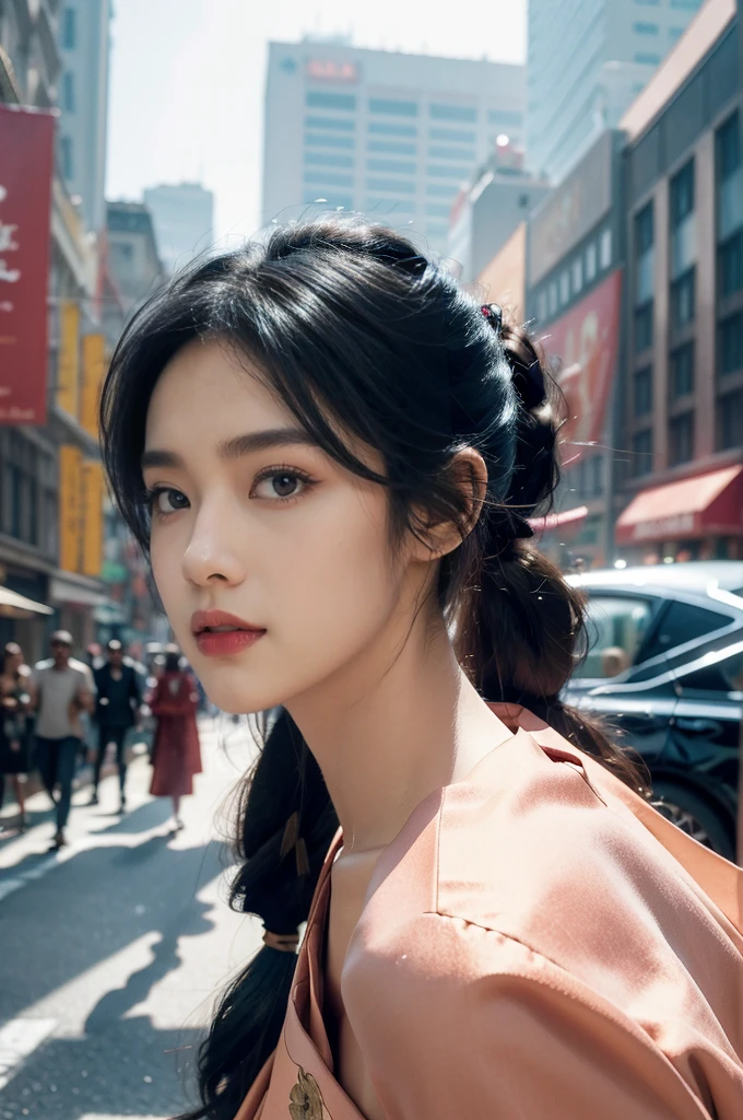 (((best quality))),(((ultra detailed))),(((masterpiece))),illustration,1girl,slim,sun-kissed skin,vibrant rose-pink cotton dress,short ponytail,pantyhose,standing, bustling city streets, honking cars,surrounded by crowded crowds, colorful advertisements,grilled skewers,enjoying sights and sounds,(dark black skin:1.5),day scene,upper body,from front,bare back,towering hips,butt crack