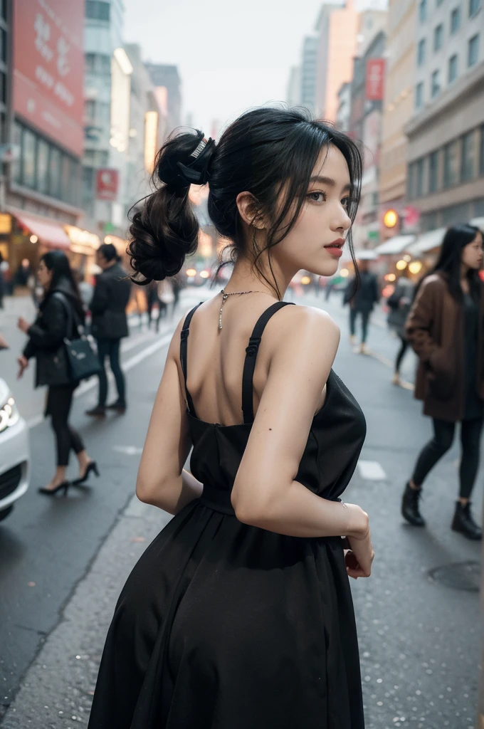 (((best quality))),(((ultra detailed))),(((masterpiece))),illustration,1girl,slim,sun-kissed skin,vibrant rose-pink cotton dress,short ponytail,pantyhose,standing, bustling city streets, honking cars,surrounded by crowded crowds, colorful advertisements,grilled skewers,enjoying sights and sounds,(dark black skin:1.5),day scene,upper body,from front,bare back,towering hips,butt crack