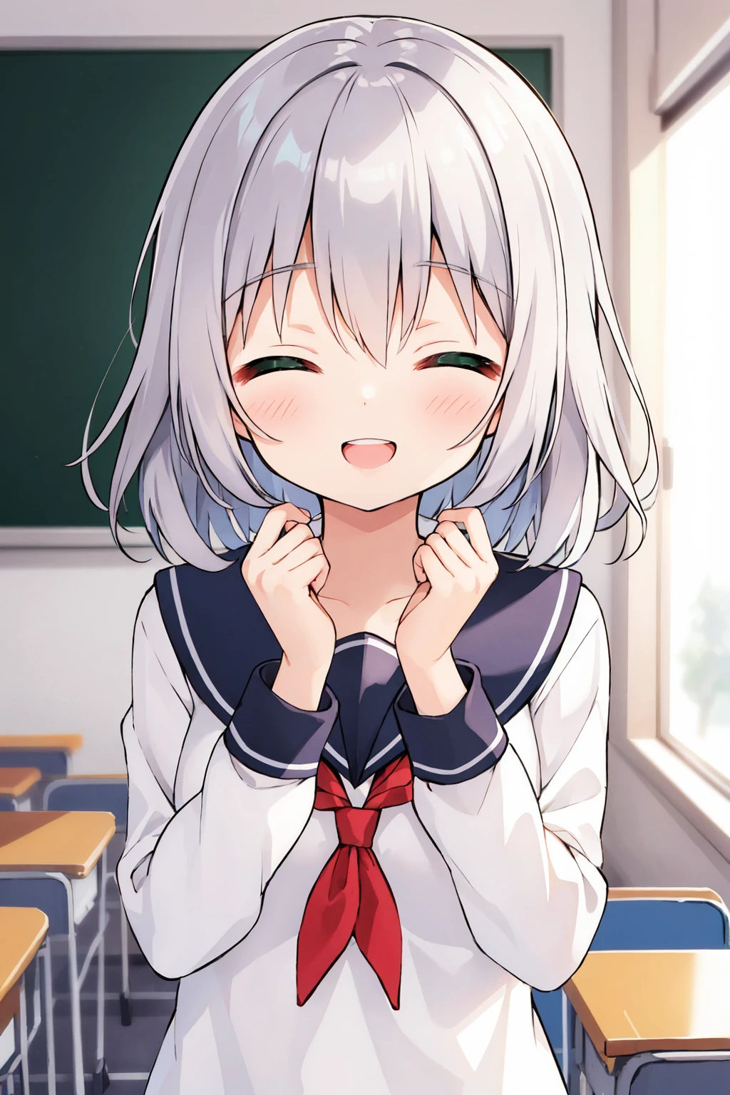 insanely detailed, absurdres, ultra-highres, ultra-detailed, best quality,
1 girl, solo, nice hands, perfect hands,
BREAK,
(wearing school uniform),
happy smile, laugh, show teeth, closed eyes,
dynamic pose, cowboy shot, looking at viewer,
BREAK,
slender, kawaii, perfect symmetrical face, ultra cute girl, ultra cute face, ultra detailed eyes, ultra detailed hair, ultra cute, ultra beautiful,
by Canon EOS, SIGMA Art Lens 35mm F1.4, ISO 200 Shutter Speed 2000,
in classroom,
medium breasts,
BREAK,
(silver medium hair, dark green eyes)