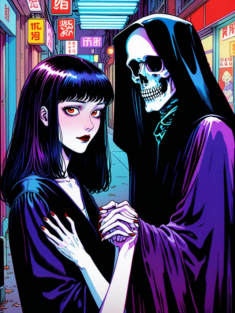 illust、art、from 80s horror movie, directed by Junji Ito、A woman holds hands with the Grim Reaper on a date、、high detail, realsitic shadow、Analog style, vhs style, 8mm film, chromatic aberration, Dvd screengrab、Blue-purple and red-purple gradation、Surrealism