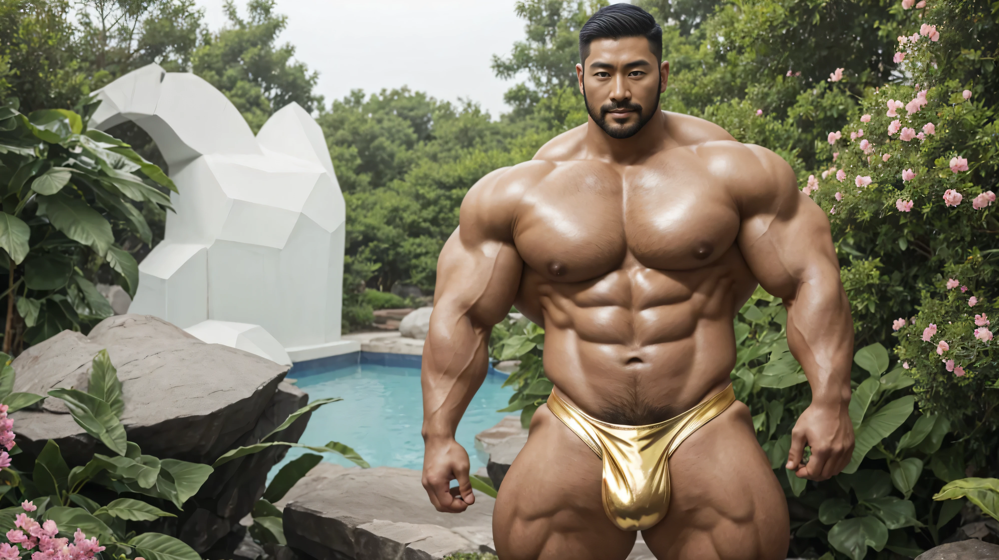 There is only one handsome Asian actor in the picture,30 years old,Tall and handsome, Toned body,short hair, O-Shaped Beard,Perfect body, Dark skin,Glowing skin,Smooth skin,The body is hairless,Muscle bulge, Muscular, Very large pectoral muscles,Very sexy abdominal muscles,Very well-developed leg muscles,Huge concave and convex area,Brightens oily skin,Wearing a gold leather shiny thong,Handsome face, Correct and accurate male body proportions, Stand among the flowers。