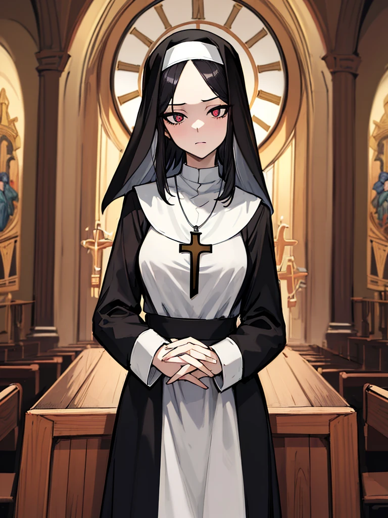 (absurdres, 8k, 4k, masterpiece, hyper extreme detailed:1.2), solo, 1girl, front view, perfect face, 1girl, portrait, looking at viewer, solo, standing, Female, medium breasts, pale, black eyes, black hair, medium hair, split hair, nun, cross necklace, disgust, dot pupils, church, black dress, slender, long sleeves, forehead, clocks, time, astral, clock hands, looking forward, nun outfit, adult, mature, religious, godlike, disgusted, side bangs, nun attire, facing forward, front view, head tilt, disgusted look,  prayer hands, hands praying, long skirt, perfect anatomy, half body, cowboy shot, 