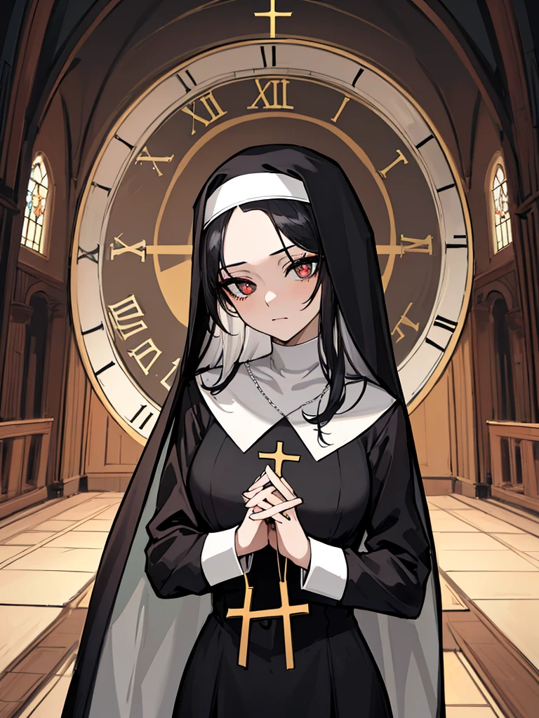 (absurdres, 8k, 4k, masterpiece, hyper extreme detailed:1.2), solo, 1girl, front view, perfect face, 1girl, portrait, looking at viewer, solo, standing, Female, medium breasts, pale, black eyes, black hair, medium hair, split hair, nun, cross necklace, disgust, dot pupils, church, black dress, slender, long sleeves, forehead, clocks, time, astral, clock hands, looking forward, nun outfit, adult, mature, religious, godlike, disgusted, side bangs, nun attire, facing forward, front view, head tilt, disgusted look,  prayer hands, hands praying, long skirt, perfect anatomy, half body, cowboy shot, 