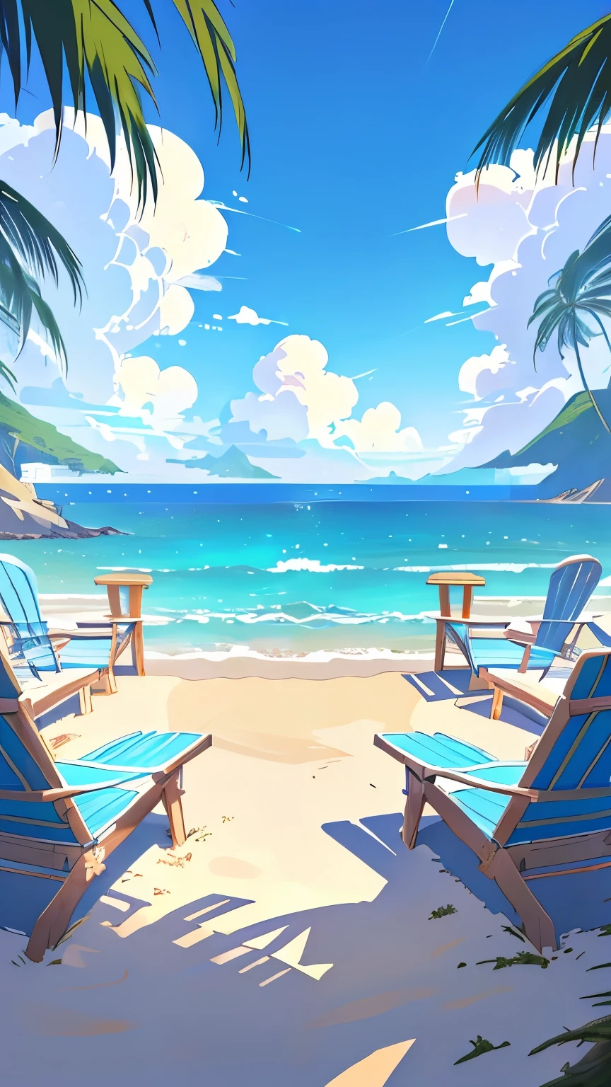 There are two lounge chairs on the beach,Sea view, Relaxation concept art, Anime Background art, Anime Background, relaxing environment, Wallpaper Anime Blue Water, anime art wallpaper 8 k, Anime Art Wallpaper 4K, Anime Art Wallpaper 4K, Relaxed atmosphere, Anime beautiful peaceful scene, Anime Landscape, beautiful Anime Landscape, Anime Landscape concept art, Anime Landscape壁纸