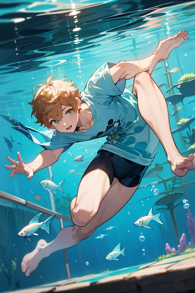 highres, masterpiece, perfect anatomy, best quality,8k, perfect face, expressive eyes, 1boy, underwater, happy, swimming underwater, creative, underwater view, fish, genshin impact official art, official art, full body, looking away from viewer, trending on pixiv, swimming, floating, 3/4ths view