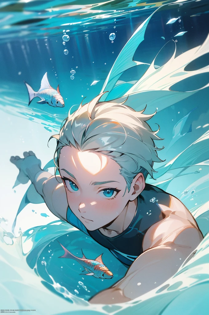 highres, masterpiece, perfect anatomy, best quality,8k, perfect face, expressive eyes, 1boy, underwater, happy, swimming underwater, creative, underwater view, fish, genshin impact official art, official art, full body, looking away from viewer, trending on pixiv, swimming, floating, 3/4ths view