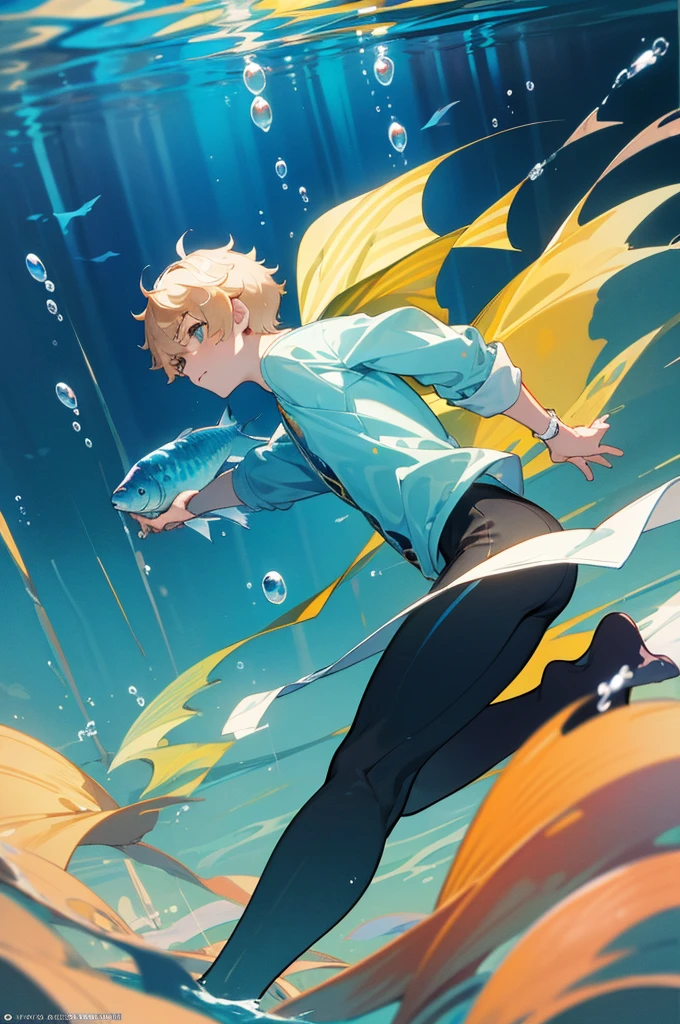 highres, masterpiece, perfect anatomy, best quality,8k, perfect face, expressive eyes, 1boy, underwater, happy, swimming underwater, creative, underwater view, fish, genshin impact official art, official art, full body, looking away from viewer, trending on pixiv, swimming, floating, 3/4ths view