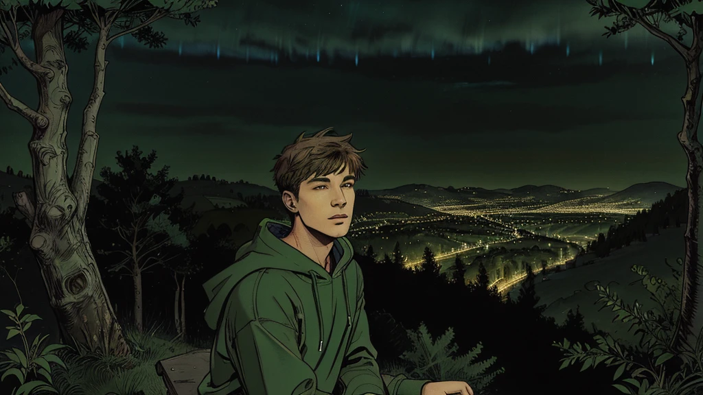 a 21 years old boy and wearing a green colored hoodie sitting at the edge of hillside from medium range, in front of him, there will be a city where lights are everywhere from a long distance. Every line and shading brings out his distinctive features. The background showcases a evening sky, with trees everywhere. (his left side will be visible)