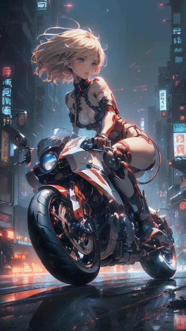 (Female cyborg on a bike)(((8K.HDR.Hyperrealism、Masterpiece 1.2、wlop1、Cinematic、Further content、Live Photo 1.2、Highest quality 1.2、Ultra high definition、Very detailed、Perfect Shading、Low angle upper body shot 1.2、1 photo、Commercial Photo 1.2、50mm、Film Grain、sf)))、(((Cyborg riding a red bike、))(Mechanical joints:1.2)、((Mechanical Limbs))、(Blood vessels connected to tu(Mechanical vertebrae attached to the back),((Mechanically connects the cervical spine to the neck),No facial expression,(Wires and cables attached to the neck:1.2)、(Head wires and cables:1.2)、(Focus on the characters)、(Rider Suit、Buildings at night、Buildings at night、Impressive night view、Cyberpunk World、Riding on motorcycle、Riding on motorcycle)、、(Focus on the characters、Angle from the side)、(White skin、Small breasts、Blonde、short hair、 bangs)