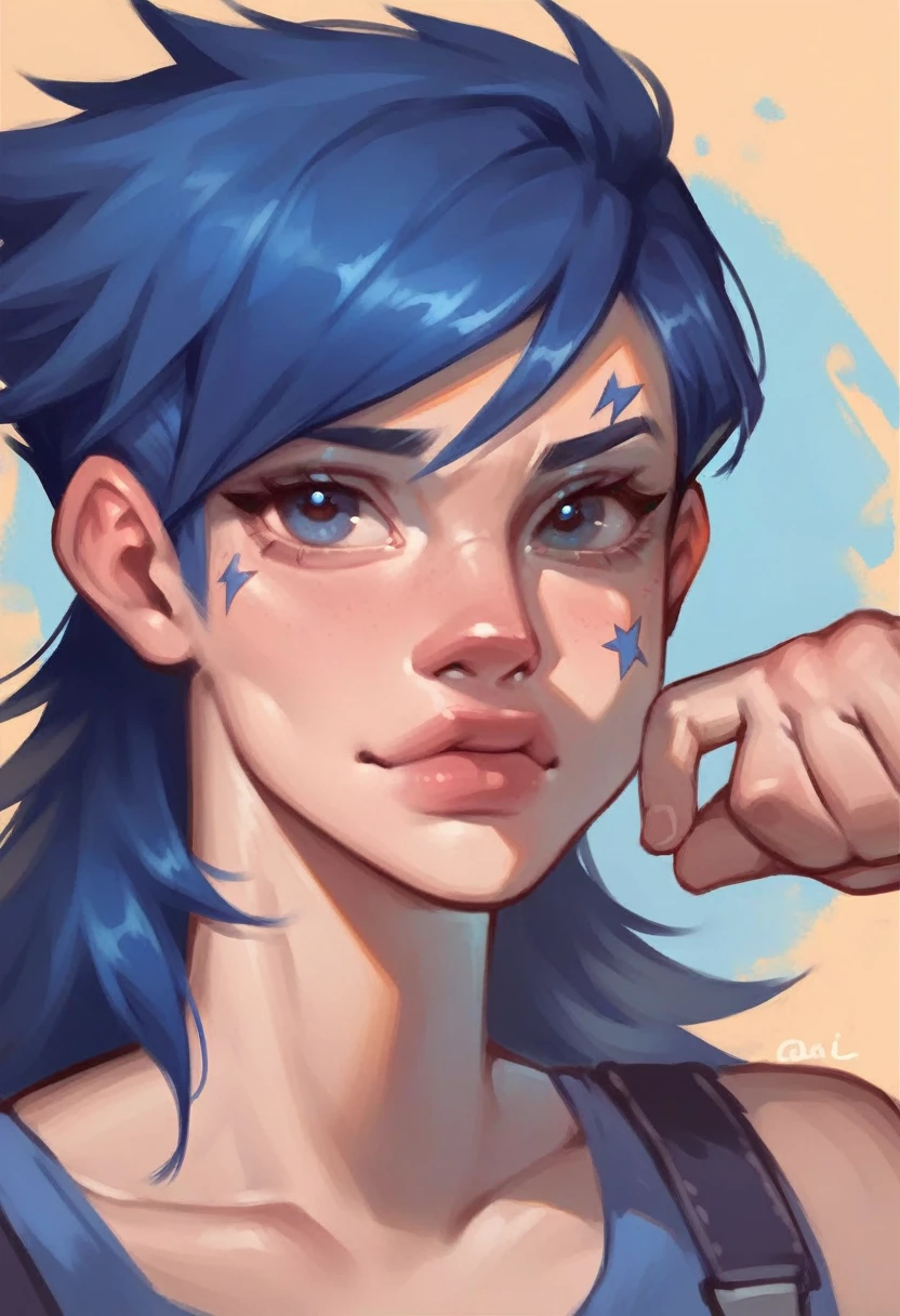 Girl, blue hair, long hair, blue eyes, blue hawkeye without pattern