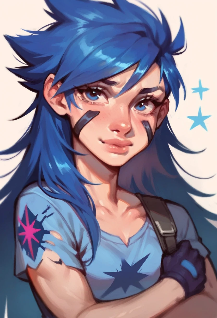 Girl, blue hair, long hair, blue eyes, blue hawkeye without pattern 