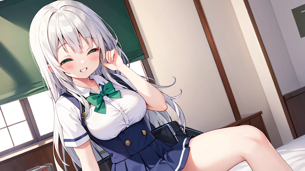 indoor,((classroom)),Focus from above, Green Eyes, Grey Hair, hair ornaments, bangs, Virtual YouTuber, blunt bangs, Double Bang, Animal ears, Flat Chest,uniform,Grey Skirt,skirt lift,Pink Panties,blush,boy,Cover your head with a skirt,Men are down,Woman on top,(Piggyback ride),