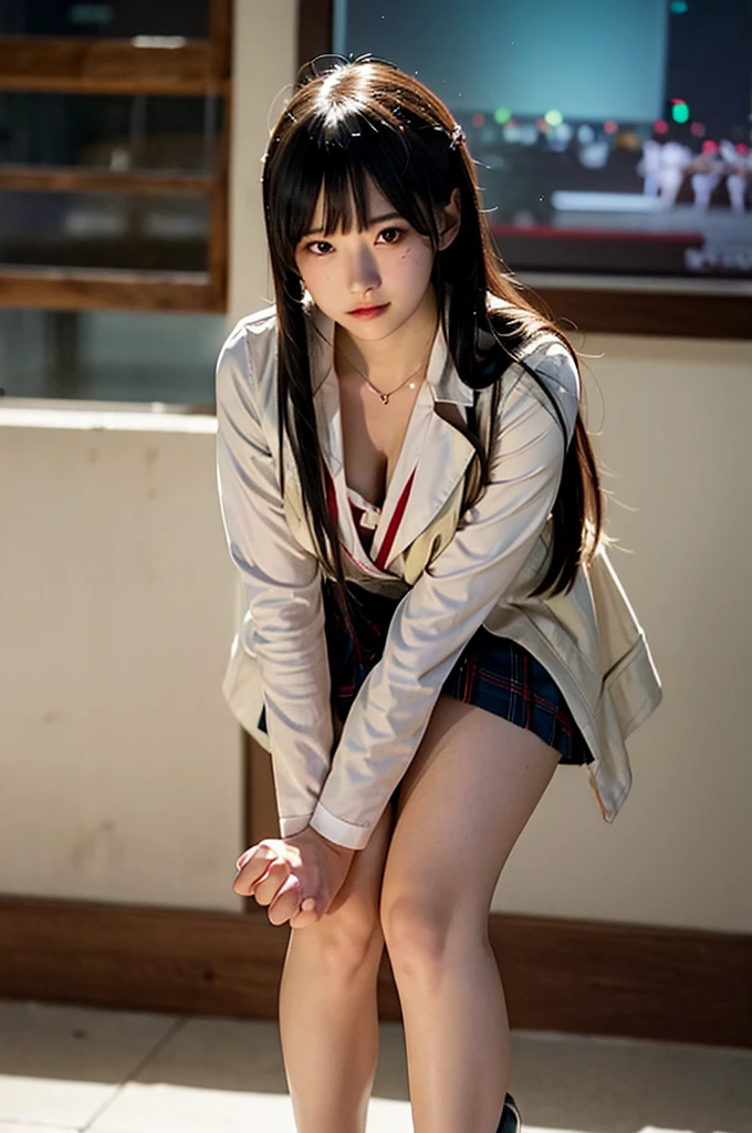 Highest quality,,smile,,Uniform ribbon,mini skirt,high school girl,Idol Group,photo shoot,,Wear a cardigan,Highest quality,,Happy girl,Naughty Girls,Pink Eyes,Perfect Face,Standing position,I have my hands in my pockets,Beautiful Eyes,Gym,Smooth Hair,Multicolored hair colors,naughty girl,beautiful girl,beautiful girl,Beautiful and shining cute girl,Shining beautiful girl, No sleeve、Open clothes, Collared dress emphasizes cleavage、胸の谷間のSweat is noticeable、Professional lighting light reflection、 looking at viewer, (masterpiece:1.2), Highest quality, High resolution, unity 8k wallpaper, (figure:0.8), (Beautiful fine details:1.6), Highly detailed face, Perfect lighting, Highly detailed CG, (Perfect hands, Perfect Anatomy),heavy rain、heavy rainで全身びしょ濡れ、heavy rainで全身びしょ濡れの服、High heels、 ((Perfect handsの形))、(Perfect foot shape、Embarrassed expression blushing、、Gestures to seduce a man、Obscene pose、Shining Sweat、Perfect Skin,Sweat is noticeable、太もものSweat is noticeable、、 Fair skin,Tight waist, Sweating profusely、Sweaty hair、Sweaty clothes、Sweaty、Visible sweat、rain-wet hair、A vast Western church with stained glass windows