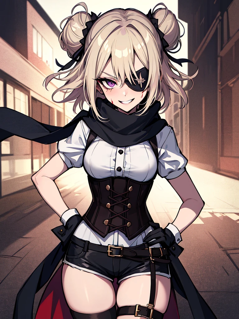 (absurdres, 8k, 4k, masterpiece, hyper extreme detailed:1.2), solo, 1girl, front view, perfect face, 1girl, portrait, looking at viewer, solo, standing, Female, toned body, mature female, medium breasts, pale, blonde hair, medium hair, sarcastic, delinquent, purple eyes, swept bangs, scars, gross, messy, dirty, bloody, snarky, smirk, medium body, gyaru, crazy face, crazy smile, crazy eyes, hands on hips, wind, windy hair, moving hair, black ribbon, hair buns, adventurous, scarf, gloves, draping hair, eye patch, gothic, goth, gothic clothes, belts, suspender, corset, white sleeves, black cuffs, garterbelt, shorts, stockings, perfect anatomy, cowboy shot,