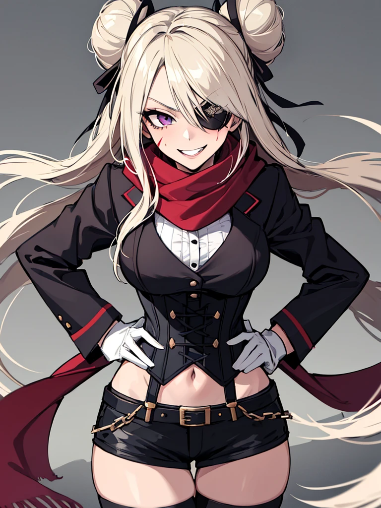 (absurdres, 8k, 4k, masterpiece, hyper extreme detailed:1.2), solo, 1girl, front view, perfect face, 1girl, portrait, looking at viewer, solo, standing, Female, toned body, mature female, medium breasts, pale, blonde hair, medium hair, sarcastic, delinquent, purple eyes, swept bangs, scars, gross, messy, dirty, bloody, snarky, smirk, medium body, gyaru, crazy face, crazy smile, crazy eyes, hands on hips, wind, windy hair, moving hair, black ribbon, hair buns, adventurous, scarf, gloves, draping hair, eye patch, gothic, goth, gothic clothes, belts, suspender, corset, white sleeves, black cuffs, garterbelt, shorts, stockings, perfect anatomy, cowboy shot,