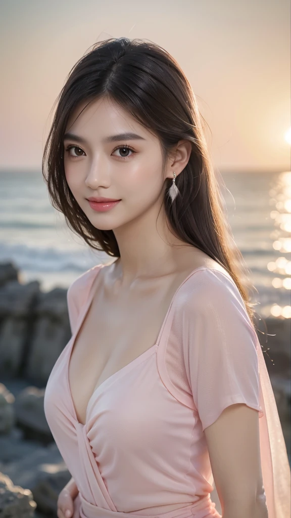 8K resolution，Best picture quality，Sea view，High-rise，The seaside at dusk，The sea is rough，Backlight，Fashion Girl，Loose black hair，Hair，Smooth hair，Feather hair accessories，With clavicle，Beautiful subtle makeup，Exquisite and perfect facial features，The most beautiful big eyes，Long eyelashes，Sweet and beautiful，Light pink lip glaze，earrings，Sweet smile，Wearing a light pink transparent light pink shirt，Perfectly proportioned body，Ultra-fine background depiction，Dynamic Angle，Ultimate image quality，Highest precision