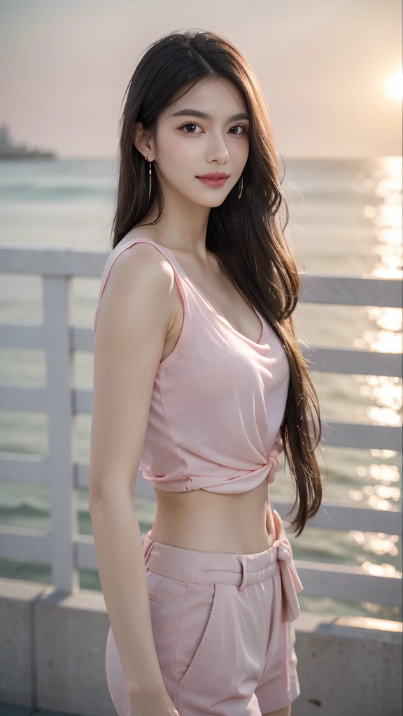 8K resolution,Best picture quality,Sea view,High-rise,The seaside at dusk,The sea is rough,Backlight,Fashion Girl,Loose black hair,Hair,Smooth hair,Feather hair accessories,With clavicle,Beautiful subtle makeup,Exquisite and perfect facial features,The most beautiful big eyes,Long eyelashes,Sweet and beautiful,Light pink lip glaze,earrings,Sweet smile,Wearing a light pink transparent light pink shirt,Perfectly proportioned body,Ultra-fine background depiction,Dynamic Angle,Ultimate image quality,Highest precision
