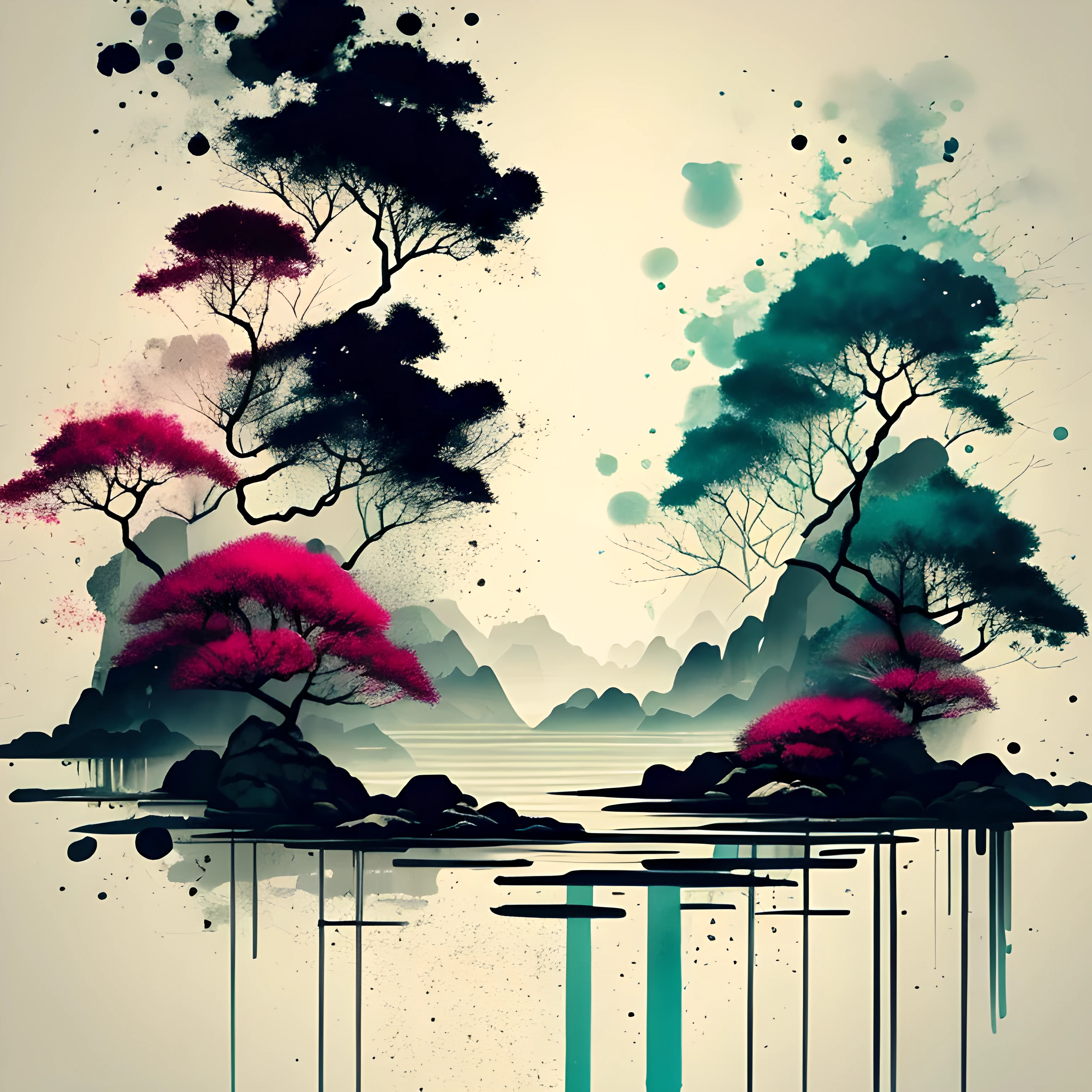 white backgrounid， scenecy， mont， Eau， the trees，Color ink，splash of color，