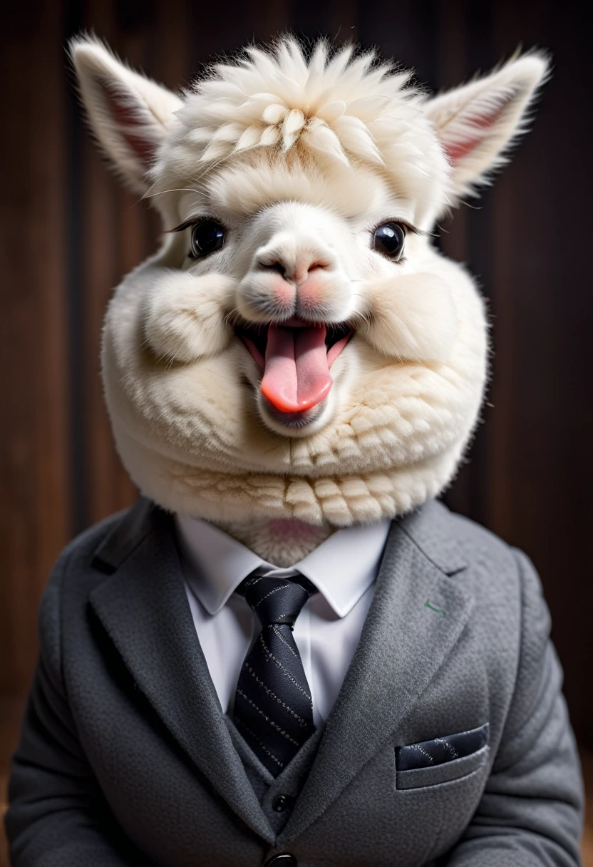 face close up photo of anthropomorphic fat cute white alpaca,(furry), dressed in a dark gray suit, (sticking out tongue:1.5),(happy smile:1.5),(Innocent), roomlighting, Cinematic, hdr, primitive, Intricate, High quality, smoothing tones, Intricate details, Low contrast,(viewed from above:2.0), (looking to the side:2.0), simple background