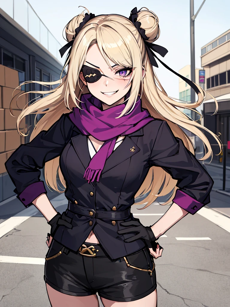 (absurdres, 8k, 4k, masterpiece, hyper extreme detailed:1.2), solo, 1girl, front view, perfect face, 1girl, portrait, looking at viewer, solo, standing, Female, toned body, mature female, medium breasts, pale, blonde hair, medium hair, sarcastic, delinquent, purple eyes, swept bangs, scars, casual wear, street wear, gross, messy, dirty, bloody, snarky, smirk, medium body, gyaru, crazy face, crazy smile, crazy eyes, hands on hips, shorts, wind, windy hair, moving hair, black ribbon, hair buns, adventurous, scarf, gloves, draping hair, eye patch, shirt, perfect anatomy, cowboy shot,