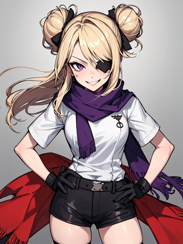 (absurdres, 8k, 4k, masterpiece, hyper extreme detailed:1.2), solo, 1girl, front view, perfect face, 1girl, portrait, looking at viewer, solo, standing, Female, toned body, mature female, medium breasts, pale, blonde hair, medium hair, sarcastic, delinquent, purple eyes, swept bangs, scars, casual wear, street wear, gross, messy, dirty, bloody, snarky, smirk, medium body, gyaru, crazy face, crazy smile, crazy eyes, hands on hips, shorts, wind, windy hair, moving hair, black ribbon, hair buns, adventurous, scarf, gloves, draping hair, eye patch, shirt, perfect anatomy, cowboy shot, 