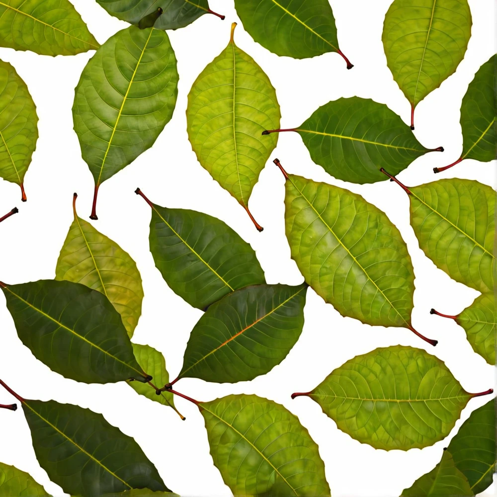 hd coffee leaves floating on a white background