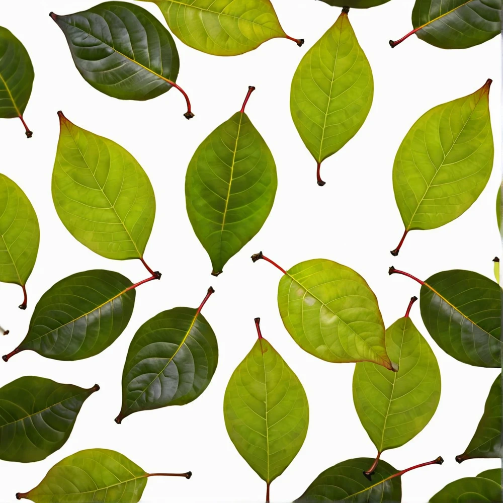 hd coffee leaves floating on a white background