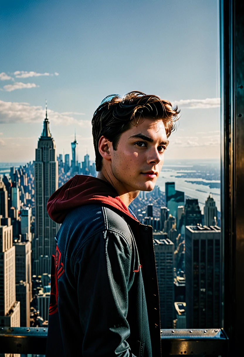 Create a adult peter parker,1boy,23 year old, Marvel, MCU, Kodak Portra 400 (Color Negative) ,  Dark and moody, Fantasy, Mystical, Modern , On top of empire state building, Silhouette Shot, Over-the-Shoulder Shot ,  Shot by Sony a7iv II with Sony 85 f/1.4 II ASPH. Power OIS Lens ,  high resolution, depth of field, cinematic lighting, luxury, elite, 4k, hyper detailed, elegant, lightrays, atmospheric, cinematic ,  Silhouette, Hair light, Backlight natural