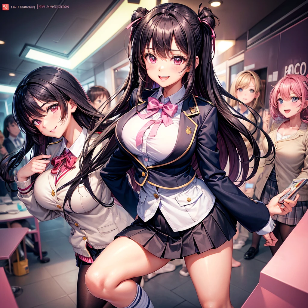 best quality,8K,smile,blazer,ribbon on uniform,mini skirt,high school girl,multiple girls are depicted,harem,idol group,photo shoot,long hair,wearing a cardigan,highest quality,big breasts,happy girl,horny girl,pink eyes,perfect face,standing position,I have my hands in my pockets,letting down one's Bangs,beautiful eyes,gym,girls hugging each other,smooth hair,multicolored hair colors,naughty girl,beautiful girl,beautiful girl,loose socks,Future Fashion,Clothing of the future,Uniform of the Future,image