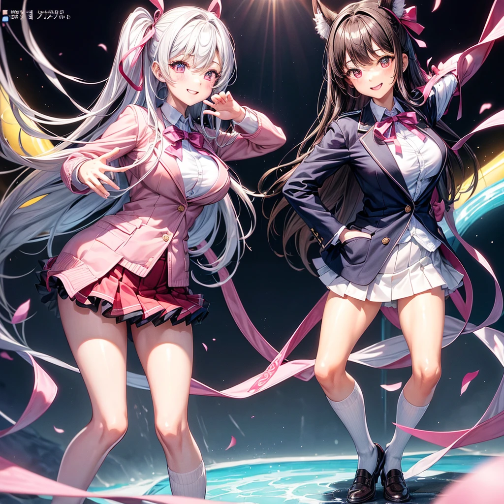 best quality,8K,smile,blazer,ribbon on uniform,mini skirt,high school girl,multiple girls are depicted,harem,idol group,photo shoot,long hair,wearing a cardigan,highest quality,big breasts,happy girl,horny girl,pink eyes,perfect face,standing position,I have my hands in my pockets,letting down one's Bangs,beautiful eyes,gym,girls hugging each other,smooth hair,multicolored hair colors,naughty girl,beautiful girl,beautiful girl,loose socks,Future Fashion,Clothing of the future,Uniform of the Future,image